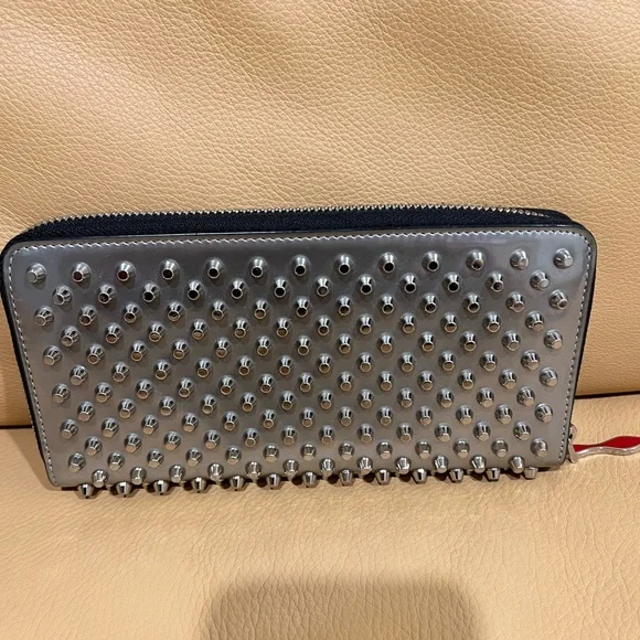 CHRISTIAN LOUBOUTIN Panettone Silver Leather Studded Zip Around Long Wallet - Picture 3 of 10